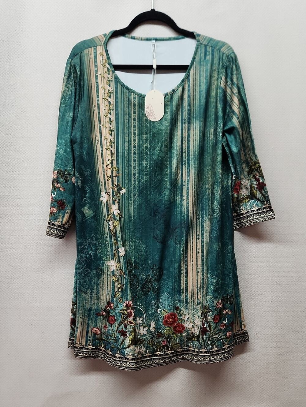 Floral Striped Scoop Neck Tunic Top in Teal